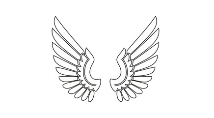 Obraz premium Angelic wings outlined in black on a white background with detailed feathering