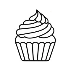 Outlined Cupcake with Swirled Frosting and Liner on White Background
