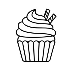 Outlined Cupcake with Swirled Frosting and Liner on White Background