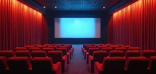 Fototapeta premium Luxurious home theater room features plush red velvet seats facing large projection screen. Rich red curtains adorn walls, creating intimate cinema atmosphere ideal for movie nights private