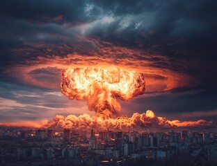 Massive Nuclear Explosion Over Cityscape At Sunset