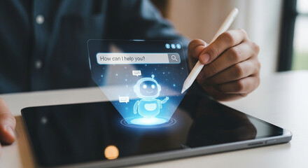 Ai chatbot virtual assistant on tablet for customer support and digital communication technology