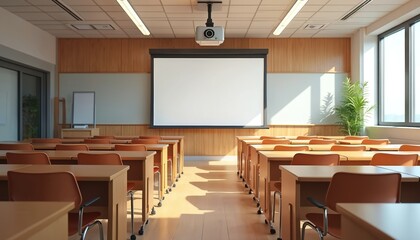 Modern law classroom setting with projector, screen, arranged desks, chairs. Bright fluorescent lighting illuminates contemporary education space, featuring smartboards, whiteboard. Clean, empty