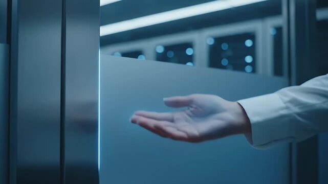 Futuristic security system grants access as a hand opens a sliding door to a high-tech data center with glowing server racks inside