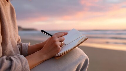 Journaling at Sunset: Mindfulness, Beach, Wellbeing - lifestyle woman