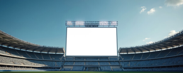 Blank stadium scoreboard screen offers prime advertising space. Customizable billboard for sports event marketing, announcements, branding. Modern arena display visible for large crowds, providing