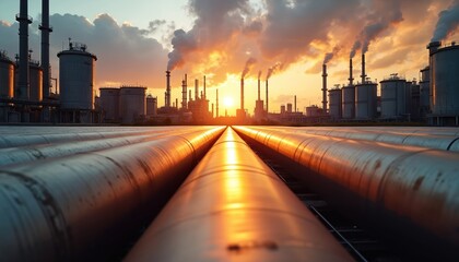 Naklejka na ściany i meble Massive industrial pipes stretch towards factory complex against dramatic sunset sky with smoke plumes. Reflective surfaces of pipes gleam under warm sunlight. Represents energy distribution,