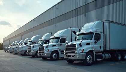 Fleet of white semi trucks lined up outside industrial warehouse. Trucks ready for cargo transport and delivery. Logistics and shipping industry vehicles parked on asphalt lot under bright sky.