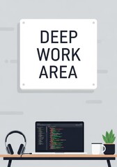Sign with text "DEEP WORK AREA" on wall. Desk with laptop, notebooks, and pens. distraction-free zone for focused tasks, productivity, work-life balance, mindfulness, efficient home office 