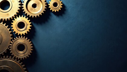 Metallic gears arranged in dynamic pattern against textured dark blue background. Illustration captures of engineering, industry, mechanical processes. Ideal for themes of teamwork, mechanics,