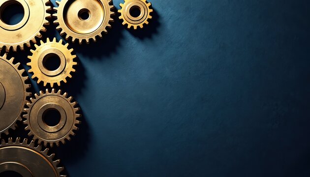Metallic gears arranged in dynamic pattern against textured dark blue background. Illustration captures of engineering, industry, mechanical processes. Ideal for themes of teamwork, mechanics,