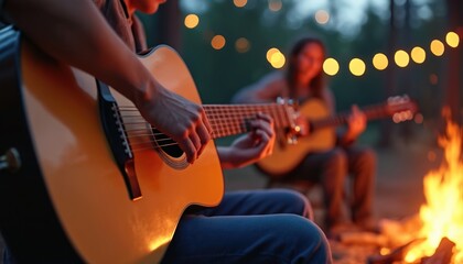 Obraz premium Two people play acoustic guitars by a warm campfire at night. String music fills the air with cozy, relaxing melodies. Fingers strum the strings creating harmonious tunes under soft bokeh lights.