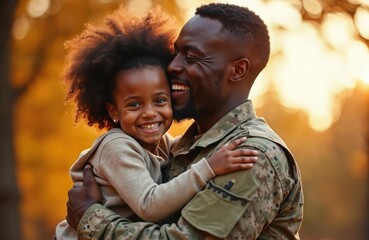 Soldier in uniform embraces daughter outdoors. Father, child share joyful moment, smiling brightly at camera. Warm sunlight filters through autumn trees. Theme of family reunion, homecoming, parental