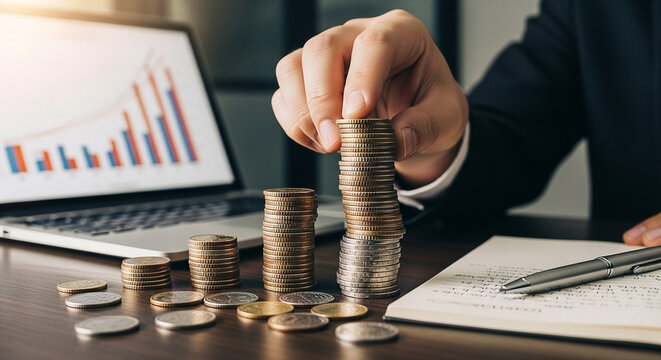 Investment strategies and financial growth planning with coin stacks and market analysis data charts