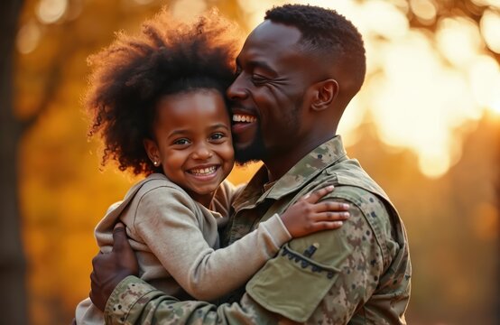 Soldier in uniform embraces daughter outdoors. Father, child share joyful moment, smiling brightly at camera. Warm sunlight filters through autumn trees. Theme of family reunion, homecoming, parental