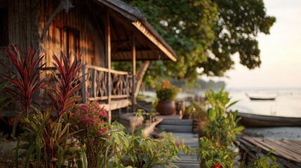 A beachfront bungalow bathed in golden hour light, evoking tropical serenity.