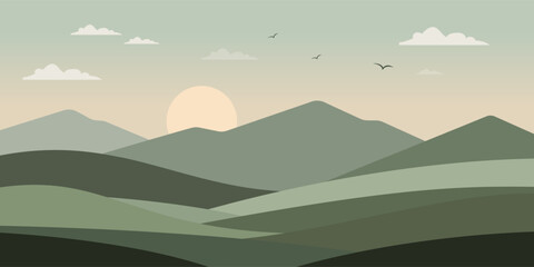 Flat Nature Landscape with Mountains, Forest, and Sunrise Scene.	