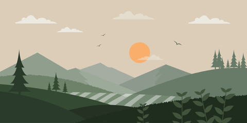 Flat Nature Landscape with Mountains, Forest, and Sunrise Scene.	
