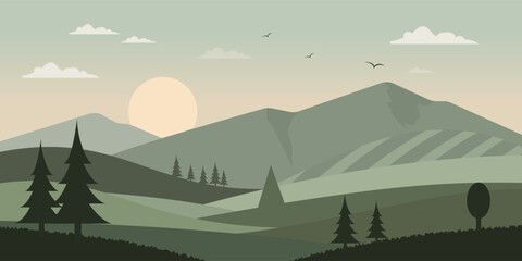 Flat Nature Landscape with Mountains, Forest, and Sunrise Scene.	