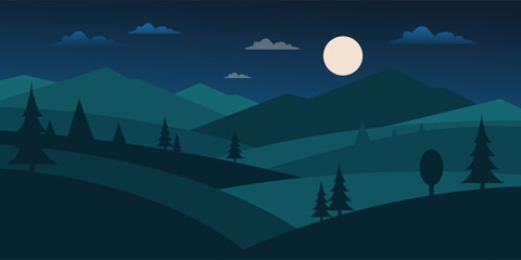 Flat Nature Landscape with Mountains, Forest, and night Scene.	