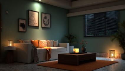 Fototapeta premium Pixelated Living Room Interior With Cozy Sofa And Warm Lighting