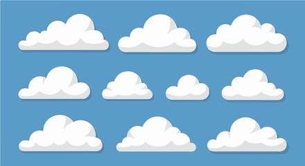Collection of cartoon-style white clouds on a blue background, varying in size and shape.