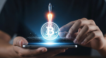 Naklejka premium Bitcoin cryptocurrency price increase concept with rocket launching from mobile phone screen showing growth