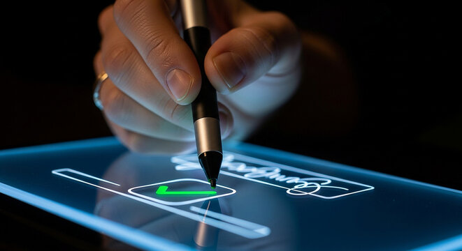 Digital signature signing process using stylus on tablet for document approval and verification system