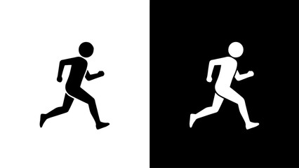 A stylized silhouette of a person running, dynamically depicted against a split black and white background, conveying a sense of motion and energy.