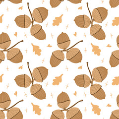Seamless pattern with hand-drawn brown acorns and decorative fall elements on white background. Ideal for autumn fabric, packaging, wrapping paper, and seasonal designs