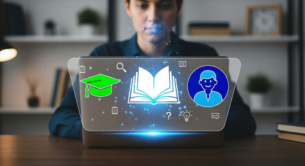 Online education and learning concept man using laptop for virtual classes and digital knowledge access