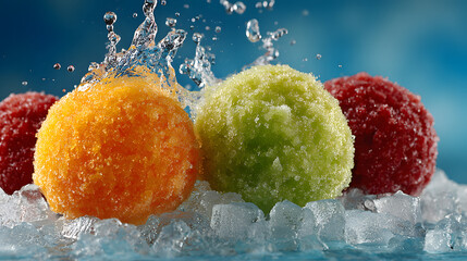 Four vibrant snow cones in various colors sit on a bed of ice against a bright blue sky. Water droplets are splashing, adding a dynamic feel.