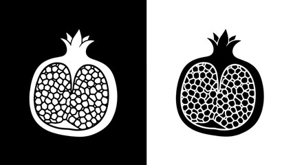 A halved pomegranate reveals its intricate seeds, a stark black and white contrast symbolizing duality and natural beauty.