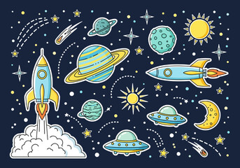 Colorful cartoon illustration of space elements including rockets, planets, stars, UFOs, comets, the sun, and the moon against a dark blue background.