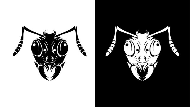 A stylized ant head, viewed from the front, in stark black and white, conveying a powerful and intense mood.