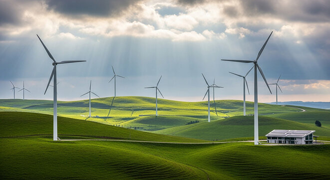 Wind turbines in green field landscape renewable energy sustainable future clean power generation scenic view - Powered by Adobe