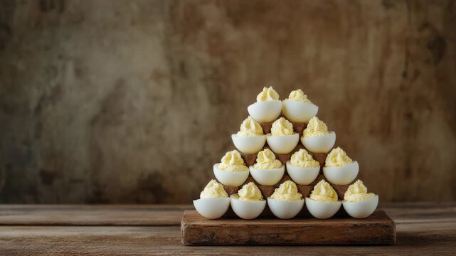 Pyramid of deviled eggs on wooden board against rustic background