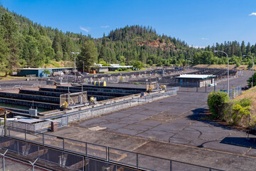 Overview of the Cole M Rivers Fish Hatchery on the Rogue River near Shady Cove, Oregon, USA