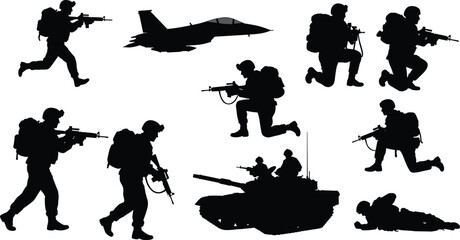 Soldier silhouette vector, military troops illustration, armed forces operation pose, army combat scene, black tactical team clipart, battlefield action, war weapon design vector