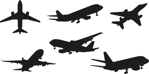 Commercial airplane silhouettes flying in different angles, vector illustration, aviation design, aircraft landing and takeoff, jet plane graphics, CAD drawing flat vector illustration © Masum Creatives
