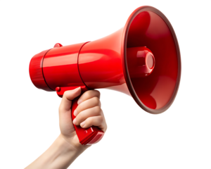 Red megaphone held by hand isolated on a transparent background