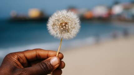 Fototapeta premium Serene hand holding a delicate white flower in a beautiful beach setting - Tranquility
