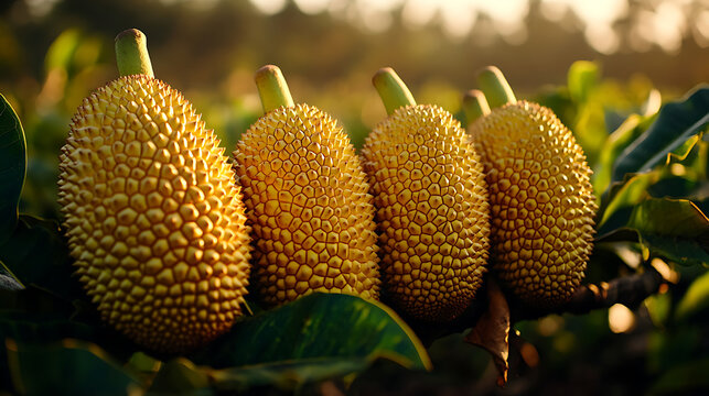 Golden Jackfruit Harvest Ripe Jackfruits on a Branch at Sunset
