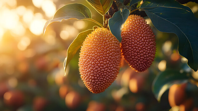 Ripe Artocarpus Champeden Fruits on Branch at Sunset