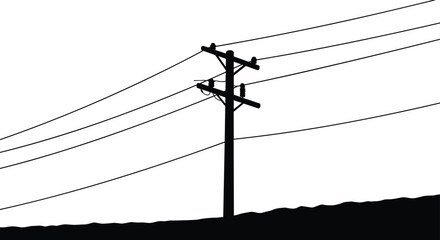Power lines silhouette vector, utility pole illustration, electrical wires flat design, rural electric infrastructure, energy transmission, black and white minimal icon, cad  flat vector illustration