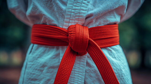 Red Belt Tied Around a Karate Gi - Martial Arts Training