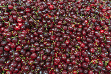Fresh cherries piled high showcasing the bounty of summer harvest. Glossy red cherries arranged in abundance at a local market. Juicy cherries symbolizing the sweetness and richness of life.