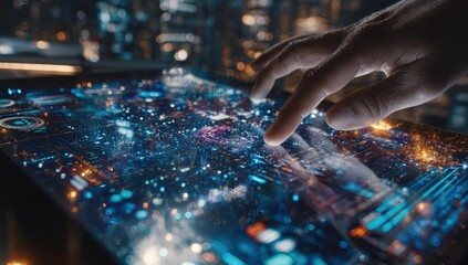 Hand Touching Futuristic Digital City Map Interface