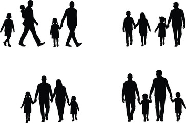Silhouette family walking together, parents and children holding hands, flat vector design, black illustration, happy lifestyle, bonding, fatherhood, childhood, care, parenting, love