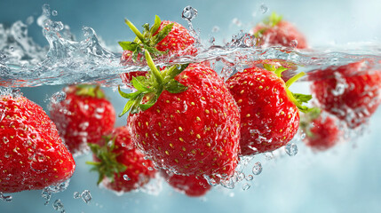 Strawberries splashing in water, fresh and vibrant.